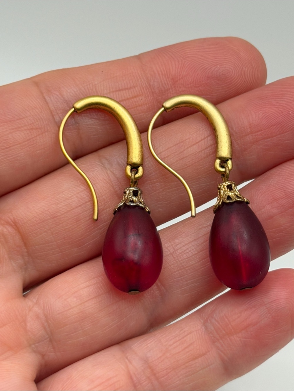 Gold-Tone Drop Earrings with Deep Red Teardrop Beads